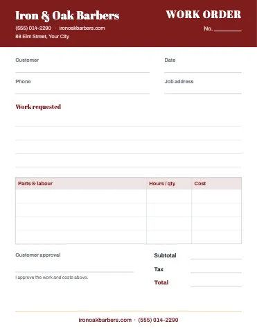 Barbershop work order / estimate business form template