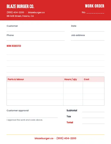 Burger joint work order / estimate business form template