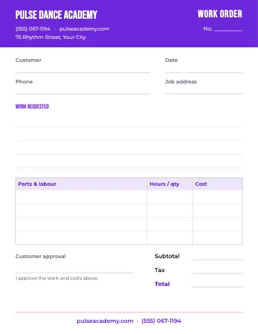 Dance studio work order / estimate business form template