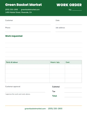 Grocery & market work order / estimate business form template