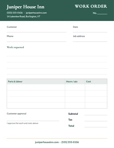Hotel & B&B work order / estimate business form template