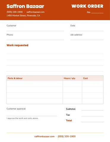 Indian grocery work order / estimate business form template