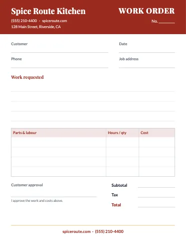 Indian restaurant work order / estimate business form template