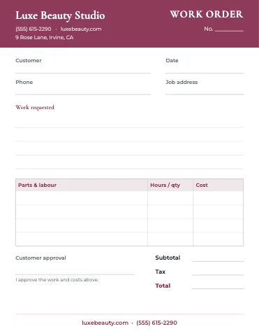 Salon & spa work order / estimate business form template