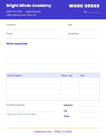 School & education work order / estimate business form template