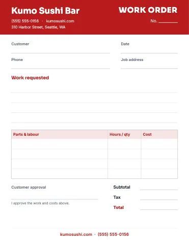 Sushi bar work order / estimate business form template