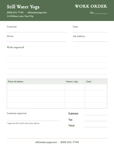 Yoga studio work order / estimate business form template