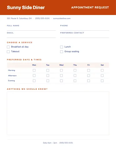 Breakfast diner appointment request business form template