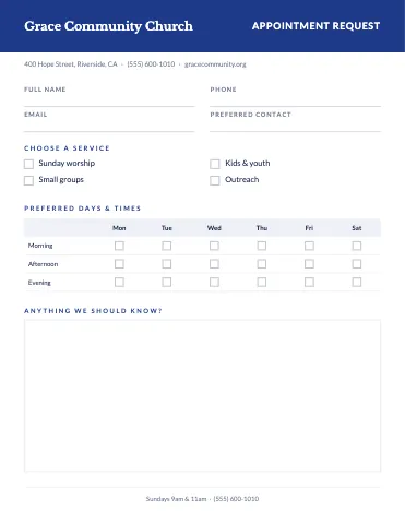 Church & community appointment request business form template