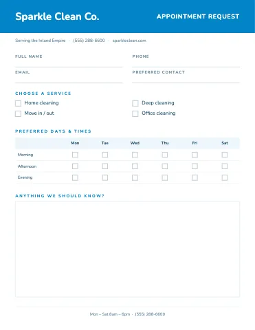 Cleaning services appointment request business form template