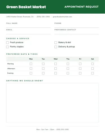 Grocery & market appointment request business form template