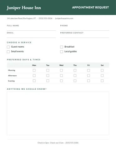 Hotel & B&B appointment request business form template