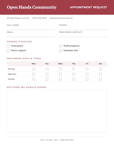 Nonprofit & charity appointment request business form template