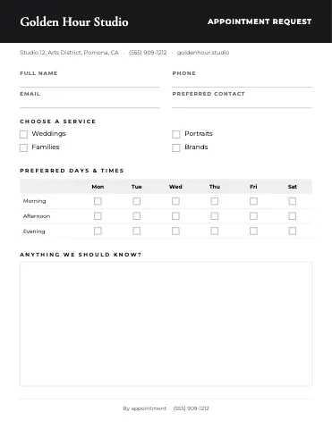 Photography & creative appointment request business form template