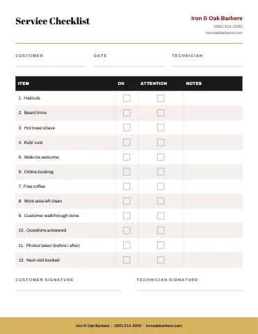 Barbershop service checklist business form template