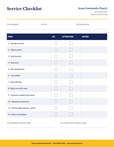 Church & community service checklist business form template