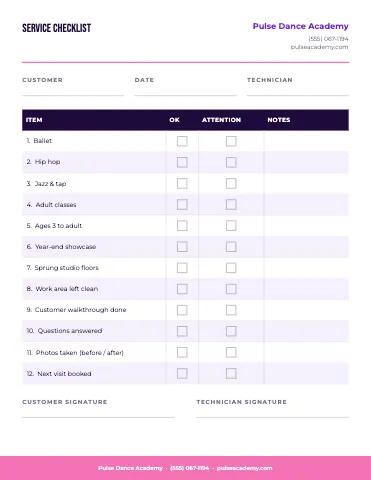 Dance studio service checklist business form template