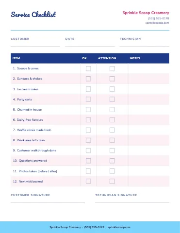Ice cream shop service checklist business form template