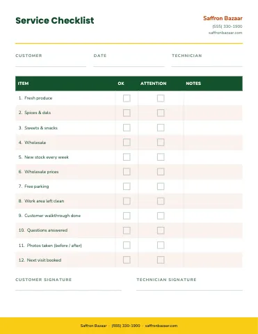 Indian grocery service checklist business form template