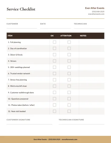 Weddings & events service checklist business form template