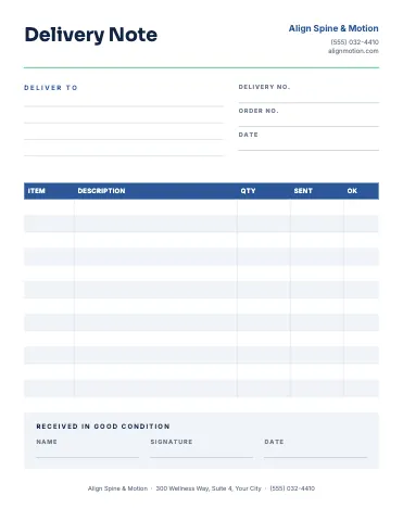 Chiropractic & physio delivery note business form template