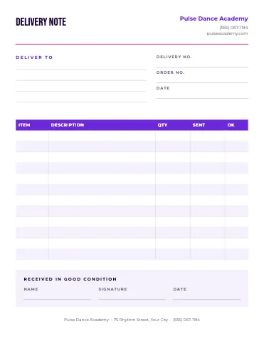 Dance studio delivery note business form template