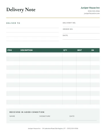 Hotel & B&B delivery note business form template