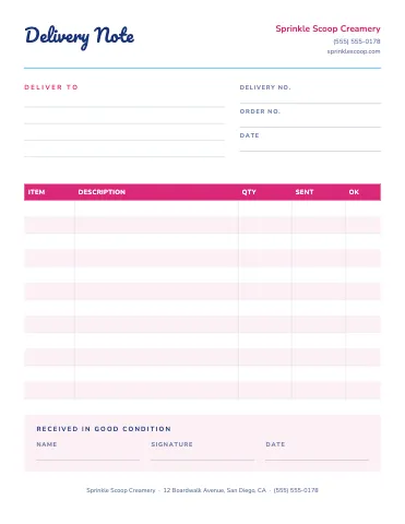 Ice cream shop delivery note business form template