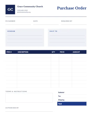 Church & community purchase order business form template