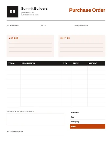 Contractor & construction purchase order business form template