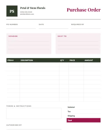 Florist purchase order business form template