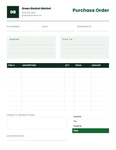 Grocery & market purchase order business form template