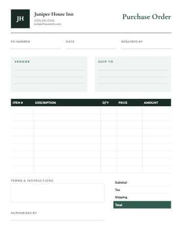 Hotel & B&B purchase order business form template