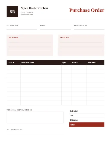 Indian restaurant purchase order business form template