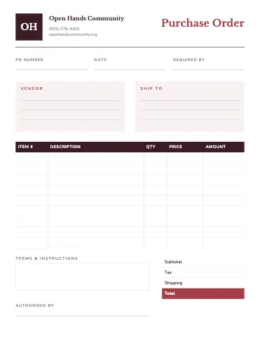 Nonprofit & charity purchase order business form template