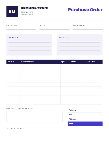 School & education purchase order business form template