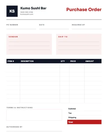 Sushi bar purchase order business form template