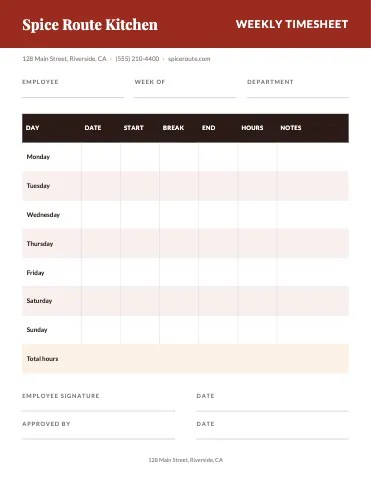 Indian restaurant weekly timesheet business form template