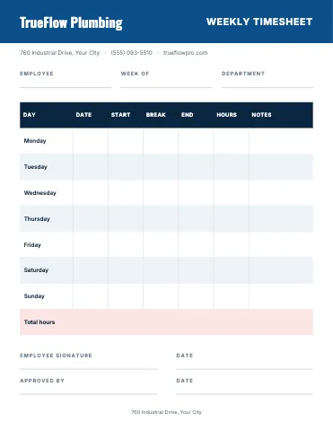 Plumbing & HVAC weekly timesheet business form template
