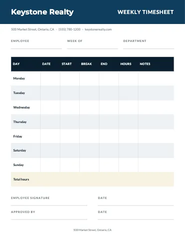 Real estate weekly timesheet business form template