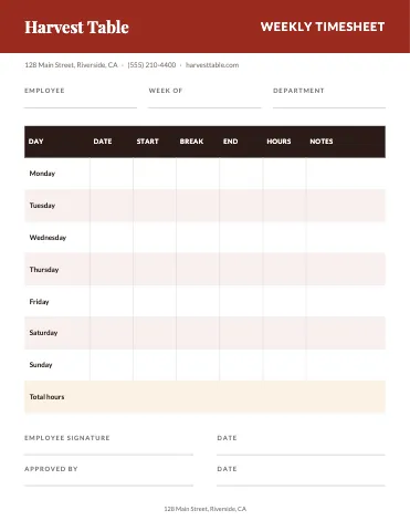 Restaurant weekly timesheet business form template