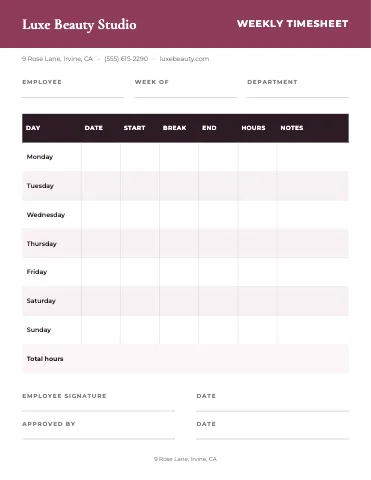 Salon & spa weekly timesheet business form template