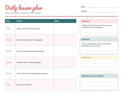Preschool & Kindergarten daily lesson plan template