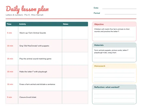 Preschool & Kindergarten daily lesson plan template