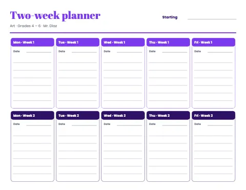 Art & music class two-week planner lesson plan template