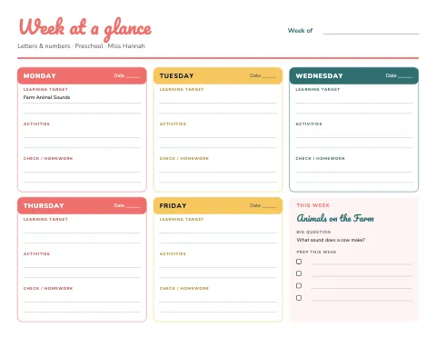 Preschool & Kindergarten weekly plan by day lesson plan template