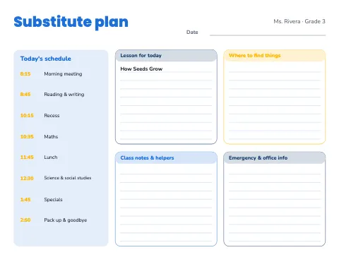 Elementary school substitute plan template