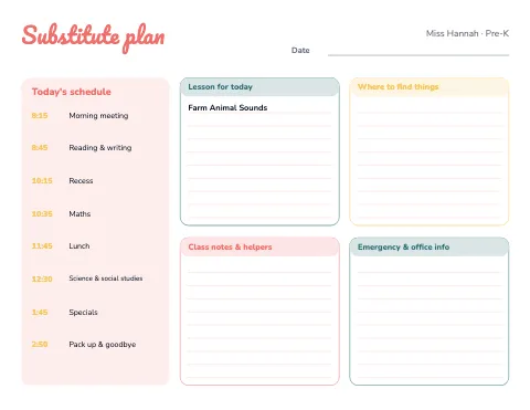 Preschool & Kindergarten substitute plan template