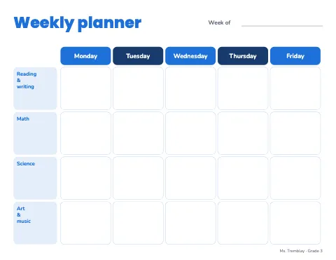 Elementary school weekly planner lesson plan template