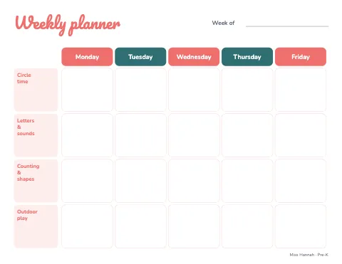 Preschool & Kindergarten weekly planner lesson plan template